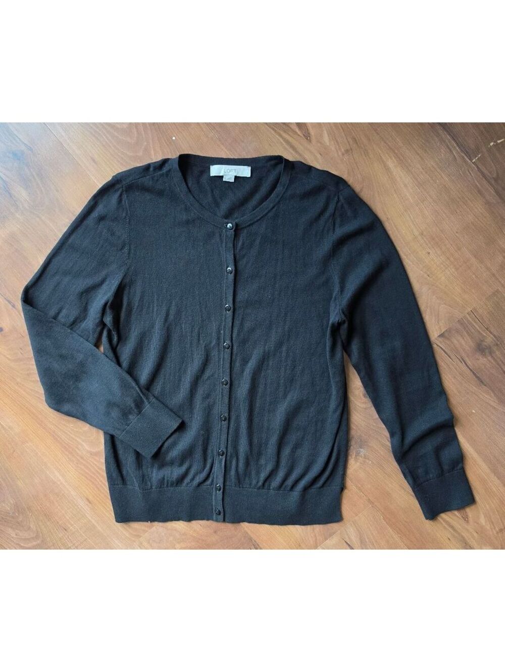 LOFT Black Crew Neck Button Front Cardigan Sweater Long Sleeve Size Lrg